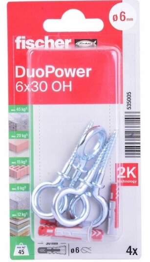 Fischer Plugg DUOPOWER 6 x 30mm Med Øyekrok 4 stk.