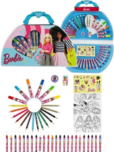Barbie tegnekoffert med fargeblyanter fargestifter tusjer og klistremerker