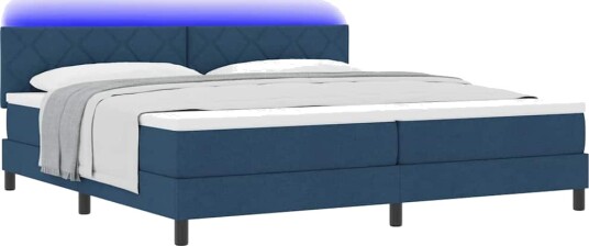 seng med fjærbunn og madrass & LED blå 200x200 cm stoff