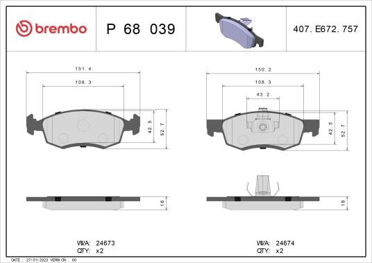 Bremseklosser BREMBO P 68 039 Bremseklosser BREMBO P 68 039