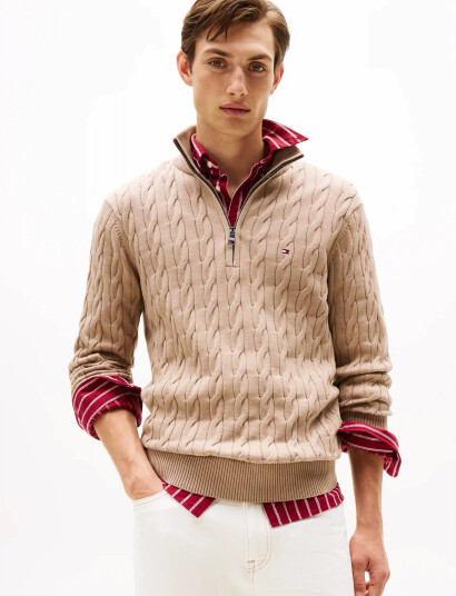 Tommy Hilfiger Classic Cotton Cable Zip Mock - Beige - XXL Tommy Hilfiger Classic Cotton Cable Zip Mock - Beige - XXL