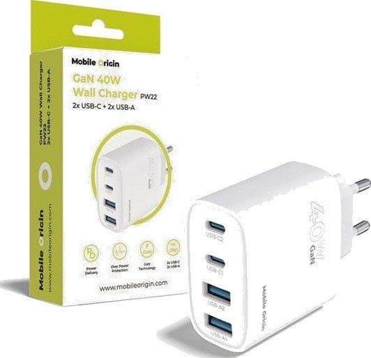 Mobile Origin 40W GaN Wall Charger PW22 - 2x USB-C + 2x USB-A
