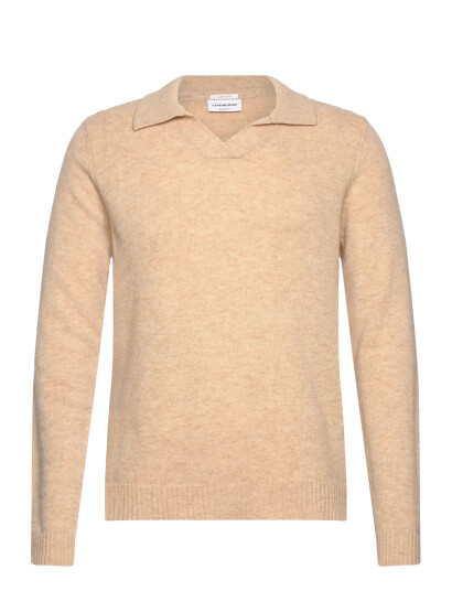 Lindbergh Lambswool L/S V-Neck Polo - Beige - M Lindbergh Lambswool L/S V-Neck Polo - Beige - M
