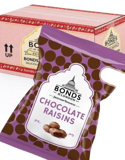 12 stk Chocolate Raisins - Bonds of London - Hel Eske 0,9 kg (UK)