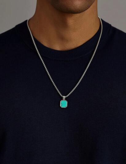Nialaya Silver Necklace With Square Turquoise Pendant Silver 22"