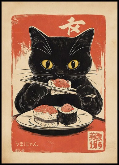 Retro Sushi Feast Hungry Cat Artwork Plakat Plakat / 50x70cm