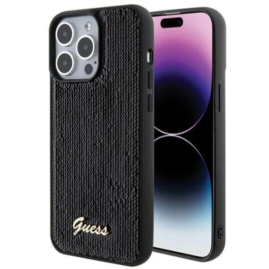 Guess Sequin Skript Metall Deksel for iPhone 15 Pro Max - Svart