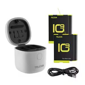 3-spors vanntett lader Allin-boks Telesin for GoPro Hero 9 / Hero 10 + 2 batterier GP-BTR-905-GY-B