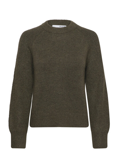 Selected Slfrena Ls Knit O-Neck Camp - Khaki green - XS