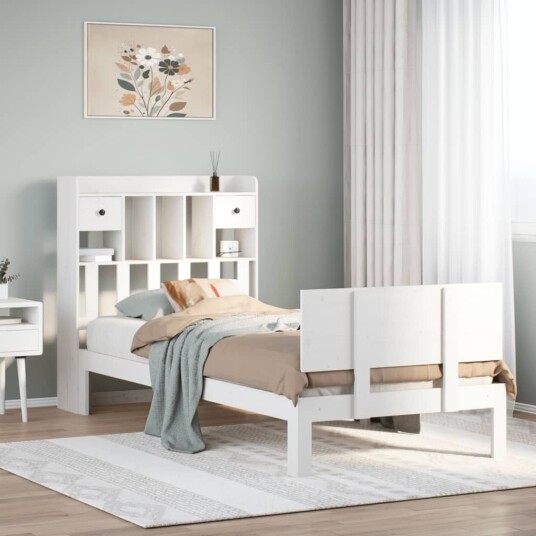  Seng med bokhylle uten madrass hvit 90x200 cm heltre furu