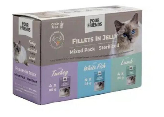 Four Friends Våtfôr til Steriliserte Katter i Gelé 12x85g med Lam, Hvit Fisk og Kalkun Four Friends Våtfôr til Steriliserte Katter i Gelé 12x85g med Lam, Hvit Fisk og Kalkun