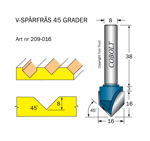 Cobolt 209 016 V sporfres 45° D=16 L=8 TL=53 S=8 Maskintilbehør & forbruk Cobolt 209 016 V sporfres 45° D=16 L=8 TL=53 S=8 Maskintilbehør & forbruk