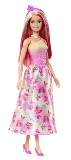 Barbie prinsessedukke med rosa og blondt hår og matchende kjole med sommerfugler