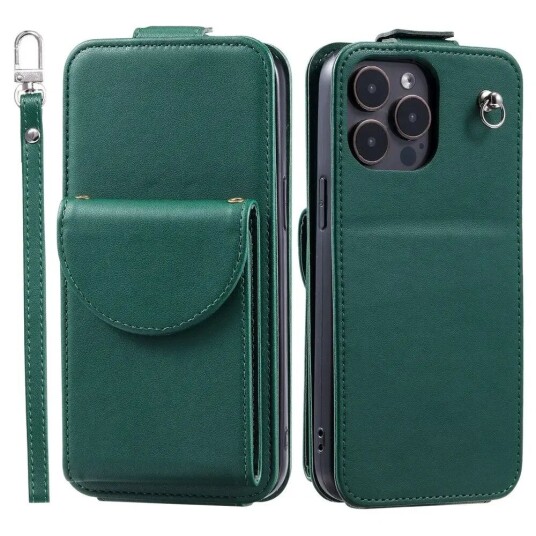 INCOVER iPhone 15 Pro Max Vertikalt Kunst Skinn Flip Deksel med Lommebok / Ståfunksjon / Stropp - Grønn