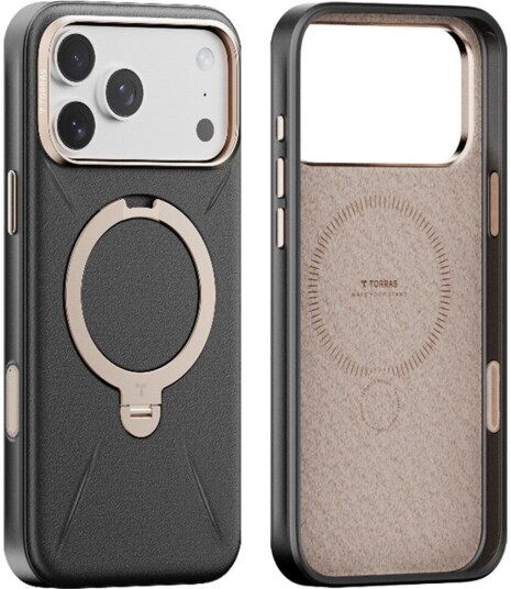 Torras Ostand Spin Kunstskinn Deksel med Roterende Kickstand for iPhone 17 Pro Max - Svart