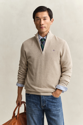 GANT Micro Textured Cotton Half Zip Beige M