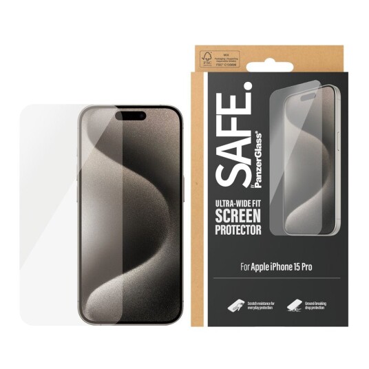 PanzerGlass SAFE Herdet Skjermbeskytter til iPhone 15 Pro - Ultrabred Passform PanzerGlass SAFE Herdet Skjermbeskytter til iPhone 15 Pro - Ultrabred Passform