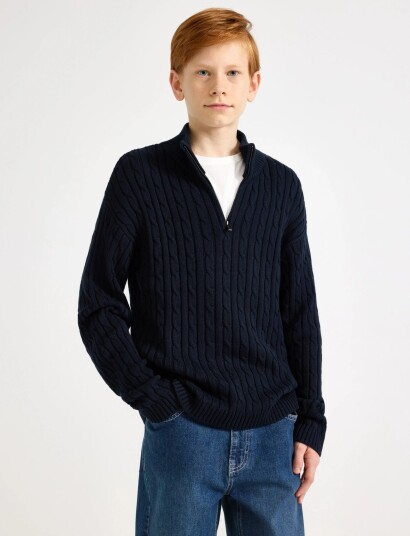 Lindex Sweater Cable Knit Halfzip Navy 146/152