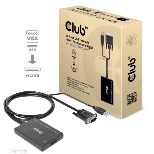Club 3D HDMI Adapter 0,6m VGA og USB Type-A med 1080p Støtte Club 3D HDMI Adapter 0,6m VGA og USB Type-A med 1080p Støtte