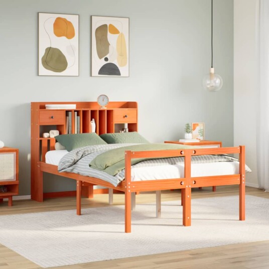  Seng med bokhylle uten madrass voksbrun 135x190 cm heltre furu 8721158608550