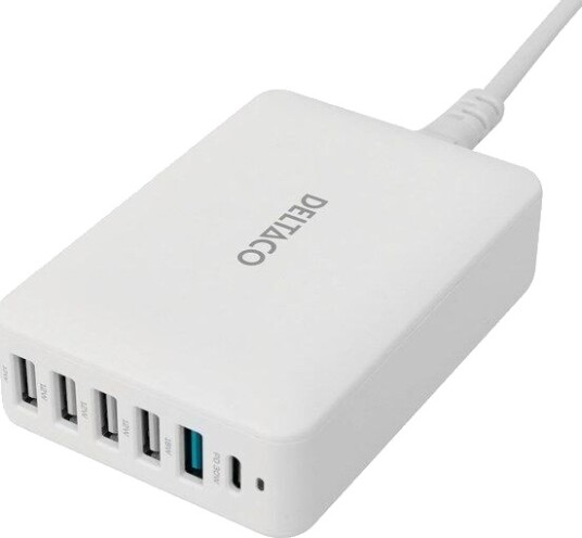 Deltaco USBC-MO100 6-Port USB Ladestasjon Hvit med Hurtiglading