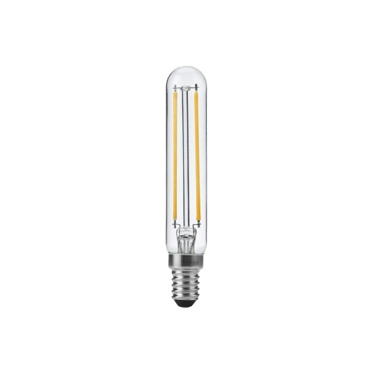 Spl E14 4W dimbar LED rørpære   11,5cm filament 2500K klart glass   Dimbar : Dimbar Kulør : Ekstra varm