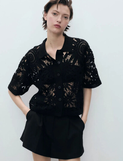 Mango Short-Sleeved Crochet Cardigan - Black - S Mango Short-Sleeved Crochet Cardigan - Black - S