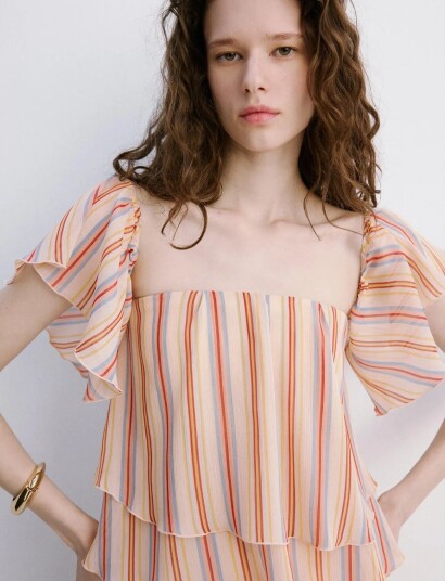 Mango Ruffles Stripe Patterned Blouse   Beige   M