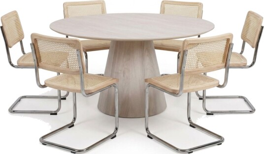 Siena spisegruppe rund 150 cm hvitlasert med 6 Build spisestoler Hvitlasert/natur/krom
