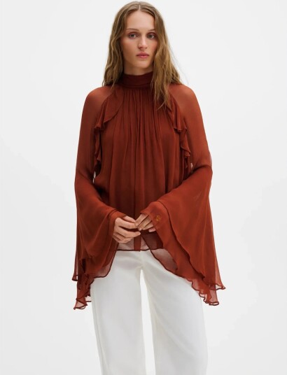 Malina Therese Tie Neck Ruffled Chiffon Blouse   Brown   36