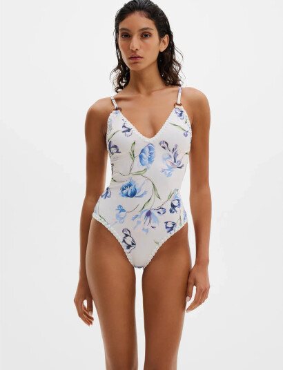 Malina Nila V Neck Crochet Trimmed Swimsuit White L
