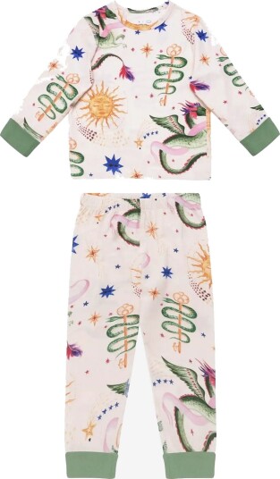 Chelsea Peers Kids Organic Cotton Mythical Dragon Print Long Pyjama Set   OFF WHITE   11 12