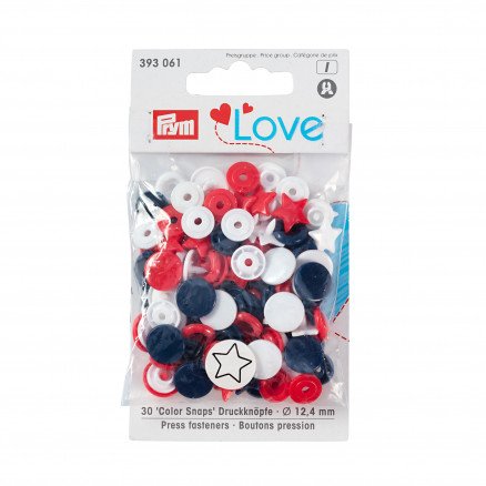 Prym Color Snaps Trykknapper Plast Star 12,4mm Ass Rød hvit marine 30 stk