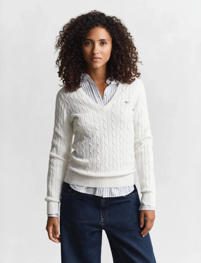 GANT Stretch Cotton Cable V-Neck - White - XXXL GANT Stretch Cotton Cable V-Neck - White - XXXL