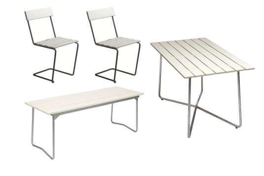 Grythyttan Stålmöbler B25 spisegruppe Hvitlakkert ek/galvanisert stål 2 stoler, benk 110 cm & bord120x70 cm