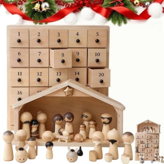 Forløseren   Adventskalender med julekrybbe | Treboks med 25 skuffer 30 delt figurersett for barn og familie nedtelling til jul