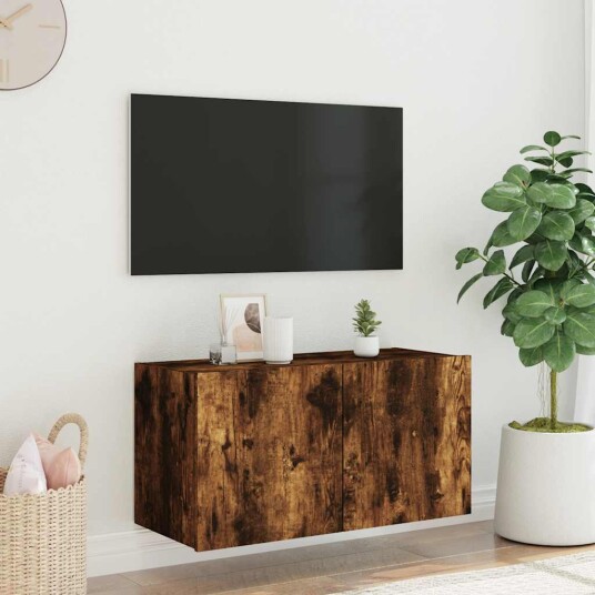 vidaXL Vegghengt TV-benk med LED røkt eik 80x35x41 cm 8721012259041