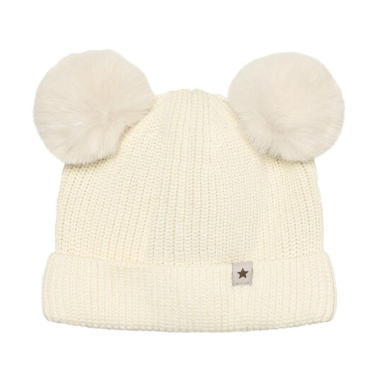 Huttelihut hat knit w. pompoms – antique white 4 6år