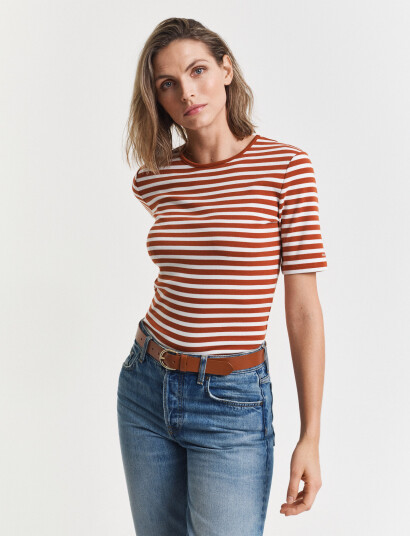 GANT Slim Striped 1X1 Ribbed Ss T-Shirt - Red - XXL