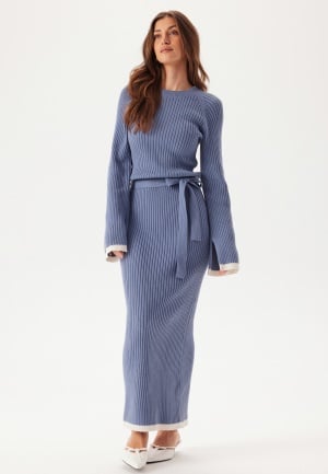 BUBBLEROOM Round Neck Rib Knitted Maxi Dress Dusty blue L