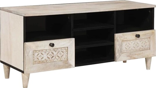 TV skap med skuff Blek Hvit 100 x 33 x 46 cm Massiv mango tre