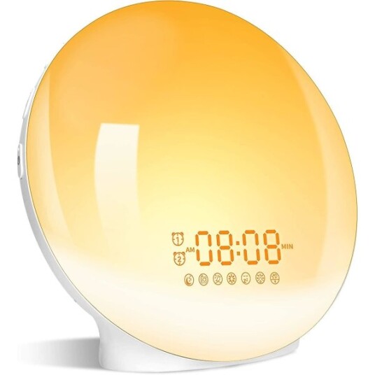 Vekkeklokke med soloppgang og solnedgangsimulering dobbel alarm nattlampe ved sengen snooze funksjon FM radio 7 naturlige lyder 7 fargerike atmosfærer