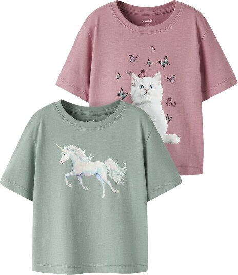 Name It T skjorte 2 pack NmfVotea Green Milieu/lilla Name It 7 8 år 122 128 T skjorte Armygrønn Grønn Rosa
