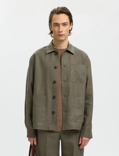 Selected Slhregbaird Linen Overshirt Resort Khaki green XXL