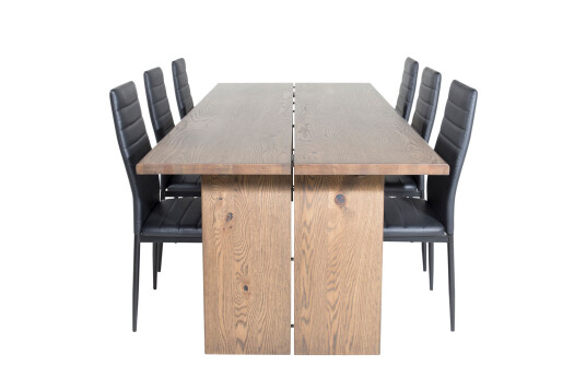 Logger spisegruppe spisebord uttrekksbord lengde cm 210 / 310 røykfarge eik og 6 Slim High Back spisestuestoler PU kunstskinn svart.
