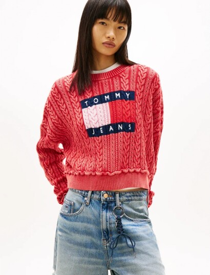 Tommy Jeans Tjw Gmd Cable Flag Sweater   Red   XS