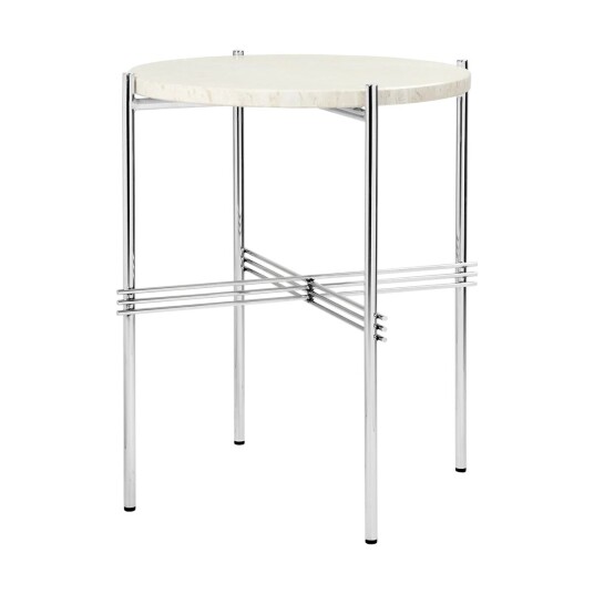 Gubi TS salongbord polert stål Ø 40 Neutral white travertine