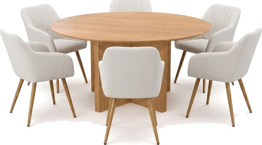 Edda spisegruppe rundt 150 cm eik med 6 Karol spisestoler Eik