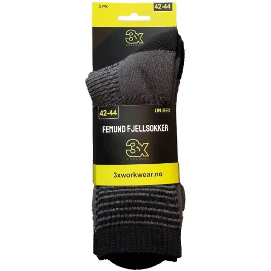 3x Workwear Fjellsokk femund koks sort 42 44 3pk ull/akryl/pol/elastan