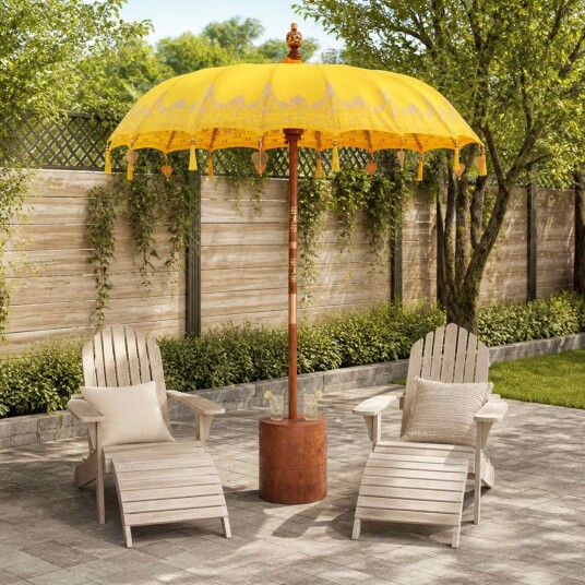 vidaXL Balinesisk parasoll med base 260 Gul og brun 190 x 190 x 295 cm